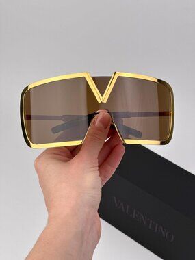 Valentino Sunglasses Gold Titanium Oversized Mask Brown Model V-ROMASK VLS-120 B